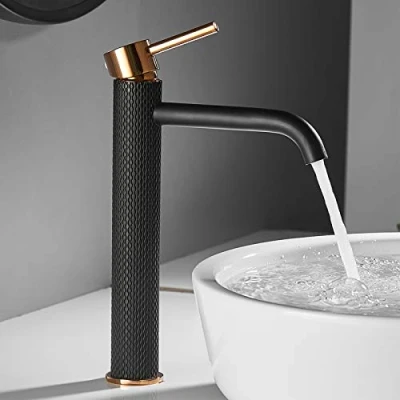 Immagine di TIMACO Rubinetto da bagno, miscelatore monocomando per lavabo, lavandino, acqua calda e fredda disponibile,nero oro
