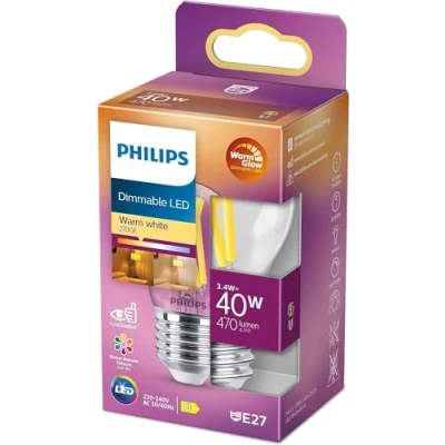 Immagine di Philips LED Lampadina Candle &amp; Lustre, Sfera,Filamento, WarmGlow, 3.4 40W, Dimmerabile, E27, 1 pezzo
