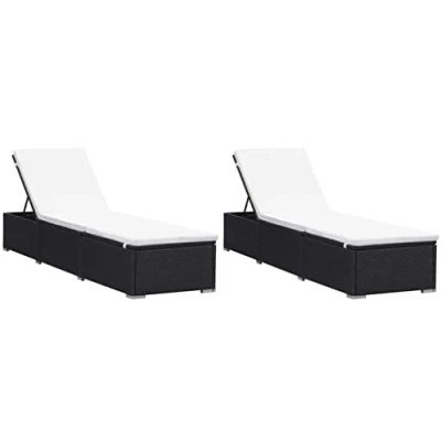 Immagine di vidaXL 2X Lettini Prendisole con Cuscini Sfoderabili Impermeabile Robusto Sedie a Sdraio da Giardino in Polyrattan Nero e Bianco Crema
