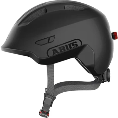 Immagine di Abus, casco per bambini ABUS Smiley 3.0 ACE LED, da bici con luce posteriore, vestibilità profonda e spazio i capelli raccolti a coda, ragazze ragazzi, nero, taglia M