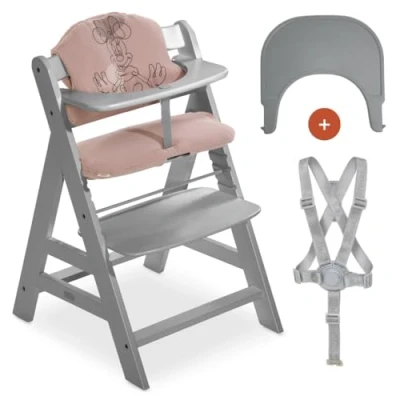 Immagine di hauck Seggiolone AlphaPlus Con Vassoio Sistema a Click, Cuscino e Cinture Sicurezza 5 Punti Legno da 6 mesi Fino 90kg, Regolabile (Grigio, Minnie Rosa)