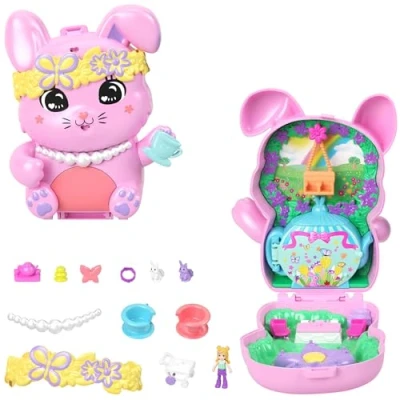 Immagine di Polly Pocket Coniglietto Ora del tè, playset Cofanetto Portatile con 1 Mini Bambola e 10 Accessori Inclusi tra Cui 2 Coniglietti, Giocattolo per Bambini, 4+ Anni, JCR40