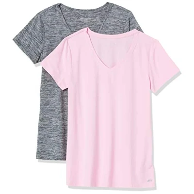 Immagine di Amazon Essentials T Shirt Tech Stretch a Maniche Corte con Scollo V (Disponibile in Taglia Forte) Donna, Pacco da 2, Grigio Tintura Policromatica/Rosa Chiaro, XL