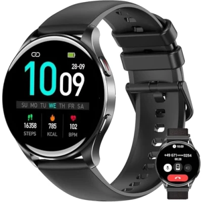 Immagine di IOWODO Smartwatch Uomo Donna, 1.45&quot; Orologio Fitness Tracker con Effettua/Risposta Chiamate Bluetooth, Contapassi/Cardiofrequenzimetro/Sonno, Impermeabile IP68 per Android iOS, Quadrante Rotondo,Nero