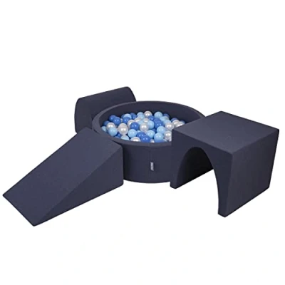 Immagine di KiddyMoon Area di Gioco in Schiuma con Tondo Piscina Palline (200 Palline) per Bambini, Blu Scuro:Azzurro/Blu/Perla