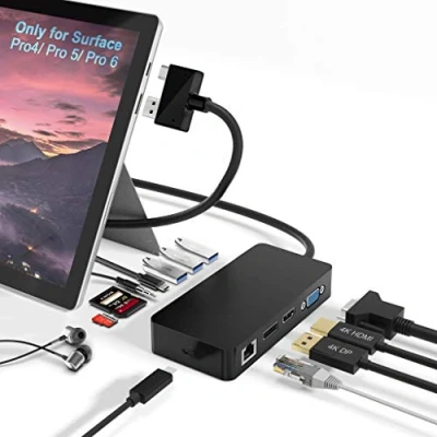 Immagine di Surface Pro Dock per 4/Pro 5/Pro 6, docking station hub USB con porta Gigabit Ethernet, display HDMI VGA DP 4K, 3 porte 3.0, di uscita audio