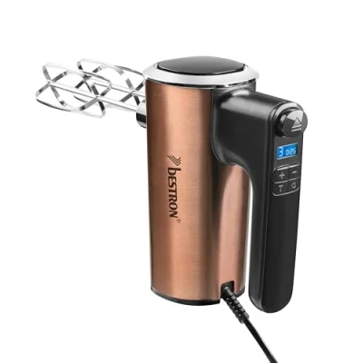 Immagine di Bestron Potente mixer manuale con 6 livelli, funzione turbo e display LCD, agitatore 2 fruste ganci per impastare, peso leggero di 1 kg, colore: rame