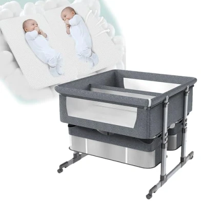 Immagine di 3 in 1 Lettino per bambini gemelli, co dormiente, con cestello portaoggetti, Portatile Bambini, Comodino Anti emesi, borse rotelle e zanzariere regolabili ( Color