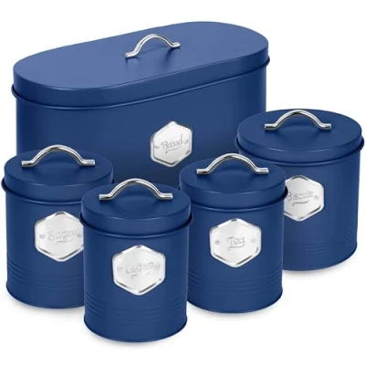 Immagine di HEFTMAN set di 5 contenitori da cucina blu, eleganti per pane, biscotti, zucchero, caffè, tè, ermetici con etichetta, accessori blu (5 pezzi)
