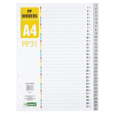 Immagine di D.RECT divisori per formato A4, PP31, 31 divisori, ad anelli, linguette con numeri da 1 a 31, grigio, colorati in PP, polipropilene