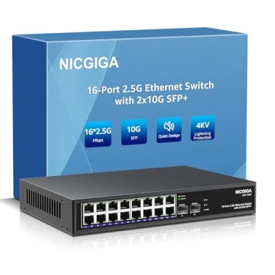 Immagine di 16 Port 2.5G ➕ 2 10G SFP+ Ethernet Switch, NICGIGA 18 2.5Gb Network Switch Unmanaged, Plug &amp; Play, Desktop or 19 inch Rack Mount, Fanless Metal Design.