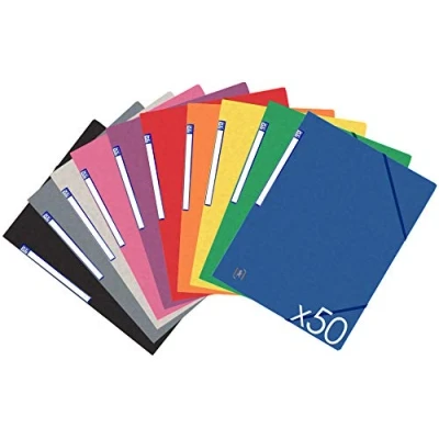 Immagine di OXFORD TopFile+ Confezione da 50 cartelline in cartone con 3 alette, formato A4, chiusura elastica, 10 colori assortiti