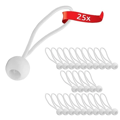 Immagine di ECENCE 25x gommini di tensionamento, set corde elastiche per fissaggio teloni, anelli espansori con gancio a sfera plastica, Bianco