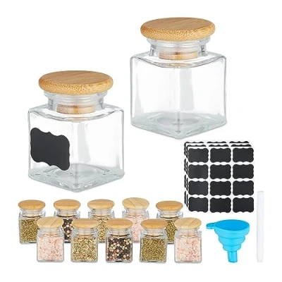 Immagine di Relaxdays Barattoli Spezie, Set di 12 Vasetti in Vetro 50 ml, Contenitori con Coperchio bambù, Etichette e Imbuto, Trasparente Naturale