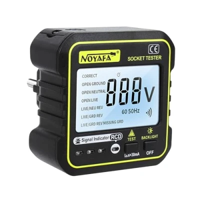 Immagine di NOYAFA Tester di Presa con test RCD e Display LCD della Tensione, 6 tipi diagnosi dei guasti, visualizzazione tensione corrente dispersione, RCD, 90 250V/50 60Hz