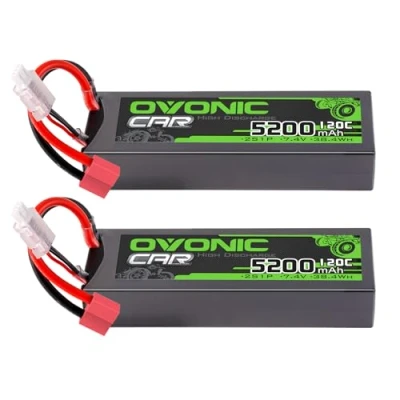 Immagine di OVONIC Batteria Lipo da 2 s, 7,4 V, 5200 mAh, 120 C, con spina Deans T per auto RC, Truggy, quadricottero, elicottero, camion, barca, aereo (2 pezzi)