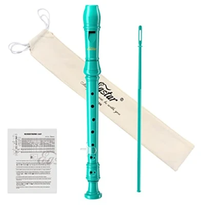 Immagine di Eastar Flauto dolce soprano per bambini principianti, strumento diteggiatura Do tedesco, 3 pezzi con kit di pulizia, poggiapollice, borsa in cotone, tabella diteggiatura, ERS 21GSB, blu cielo