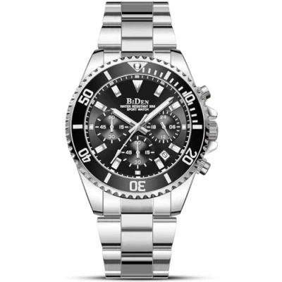 Immagine di Orologio Uomo Militare Acciaio Cronografo Impermeabile Luminosi Design Orologi Quadrante Grande da Polso Elegante Sportivo Analogici Data Nero argento
