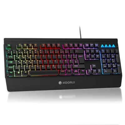 Immagine di KOORUI Tastiera da gioco, layout tedesco QWERTZ con poggiapolsi, protezione ghosting, tastiere, cavo USB, 12 tasti multimediali, per Windows MacOS Linux, colore nero