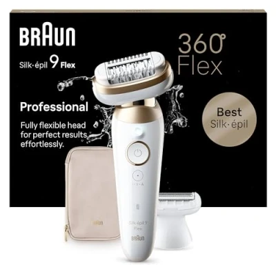 Immagine di Braun Silk épil 9 Flex Depilatore Donna, Epilatore Elettrico Donna Con Testina Flessibile a 360 Per Epilazione Semplice, Wet &amp; Dry, Pelle Liscia Lungo, 041 3D, Bianco/Oro