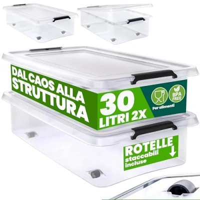 Immagine di Deuba® 2X 30L Scatole in Plastica Trasparente Senza BPA Contenitori con Coperchio Impilabili Ruote Cassette Salvaspazio