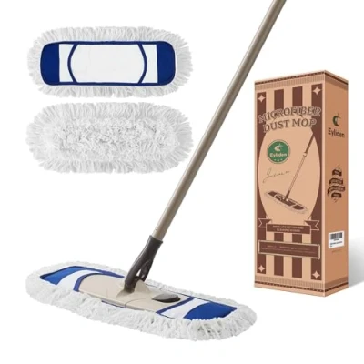 Immagine di Eyliden Mop in microfibra per la pulizia dei pavimenti, con manico regolabile altezza e 2 panni lavabili, mocio pavimenti bagnati asciutti, legno duro, piastrelle, laminato, vinile, scopa