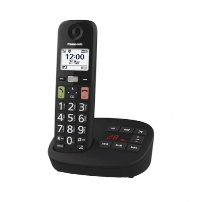 Immagine di Panasonic KX TGU130EXB Telefono digitale wireless con segreteria telefonica, unità base e 1 combinato, schermo LCD, tasti grandi, chiamata preferita, compatibile apparecchi acustici, nero