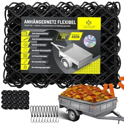 Immagine di KESSER® rete per rimorchio, 1,5 x 2,7 m, estensibile, a maglia fine, con corda di serraggio e cordoncino in il fissaggio del carico, sicurezza elastica, marcatura angolare, gancio