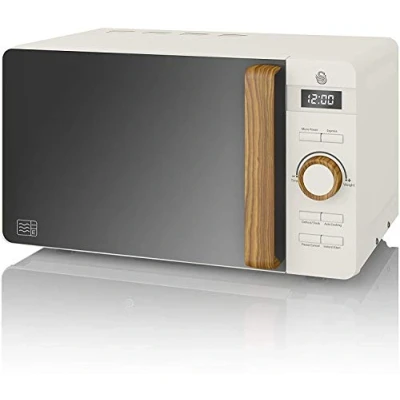 Immagine di Swan Forno a microonde digitale Nordic 20 L, 6 livelli di potenza, timer da 30 minuti, facile pulizia, modalità scongelamento, manico effetto legno, bianco opaco