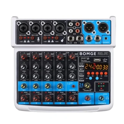 Immagine di BOMGE Console mixer audio mini DJ a 6 canali con interfaccia USB, Bluetooth, stereo, alimentazione phantom 48V, 24 effetti DSP per karaoke, canto, live, streaming, recroding del pc. (bianco)