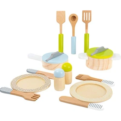 Immagine di Small Foot Set stoviglie e pentole Bambini, in Legno, 15 Pezzi, Un complemento Perfetto per Ogni Cucina da Gioco Ideale cucinetta, pz, 11098, Multicolore