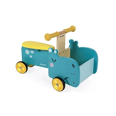 Immagine di Janod Cavalcabile per Bambini in Legno Ippopotamo Maniglie Ergonomiche e Ruote Silenziose Scomparto Riporre Apprendimento dell&#039;equilibrio A Partire dall&#039;anno, J08003, Blu Giallo