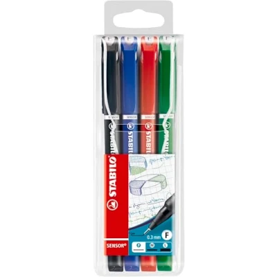 Immagine di Fineliner con punta ammortizzata STABILO SENSOR M Tratto Fine (0,3 mm) Astuccio da 4 Nero/Blu/Rosso/Verde