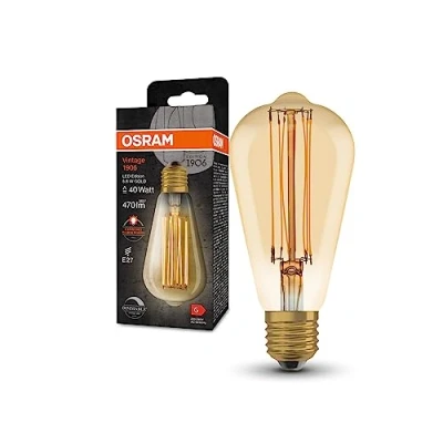 Immagine di OSRAM Lampada a LED Vintage 1906 tinta dorata, 5.8 W, 470 lm, forma Edison base 64 mm di diametro e E27, bianca calda, filamento dritto, dimmerabile, fino 15.000 ore durata della vita