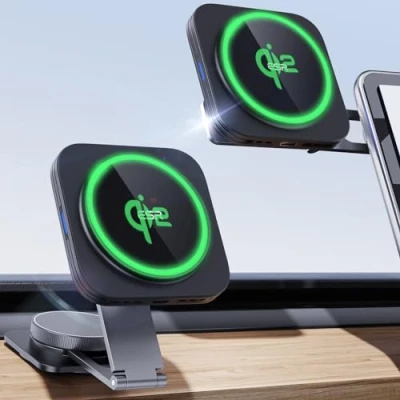 Immagine di ESR Qi2 15W Caricatore da Auto MagSafe, Certificato Qi2, Pieghevole per Il Cruscotto/Tesla Touchscreen Caricabatterie Wireless Auto, Supporto Telefono iPhone 16/15/14/13/12, Ricarica Rapida