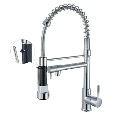 Immagine di Rubinetto da cucina con spruzzatore estraibile ad arco alto monocomando a molla per lavello cucina, cromato brillante