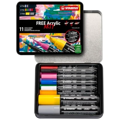 Immagine di Marker acrilico STABILO FREE Acrylic Starter Set Pack da 11 4x T100, 5x T300, 2x T800C Colori assortiti