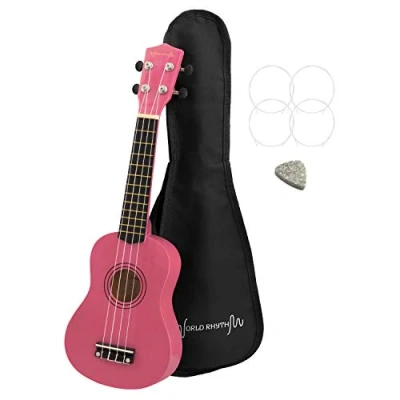 Immagine di World Rhythm Ukulele Soprano per Principianti, Finitura Uke Con Custodia, Corde Di Ricambio e Plettro In Feltro Standard, Rosa