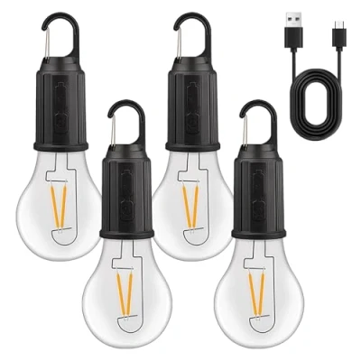 Immagine di 4 pezzi lampada da campeggio ricaricabile, 3 modalità di luce, lampadina ricaricabile con batteria, ricarica USB, lanterna LED mini, luminosità regolabile, luce per esterni