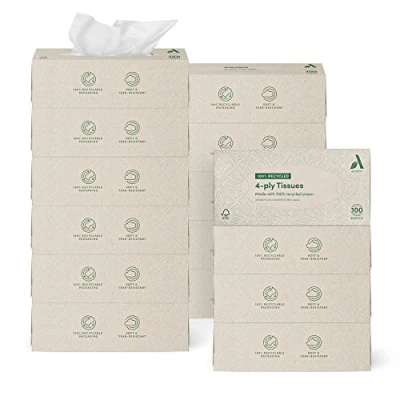 Immagine di Amazon Aware 4 strati Fazzoletti per il viso in carta riciclata al 100%, 1500 unità, 15 confezioni da 100 ogni