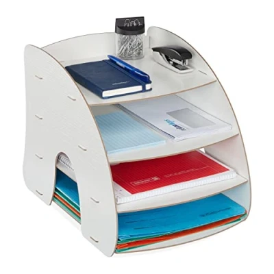 Immagine di Relaxdays Organizer da Scrivania Portadocumenti, 4 Scomparti Portalettere A4, HLP: 27x25,5x34,5 cm, MDF, Ufficio, Bianco