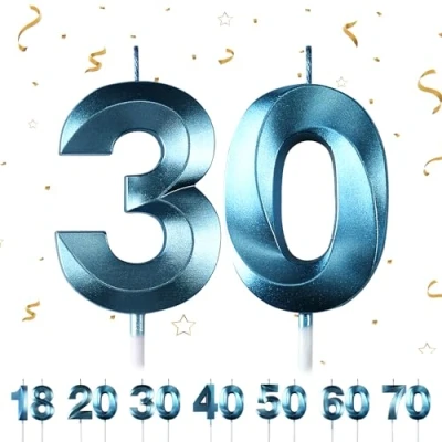 Immagine di candele di compleanno numeri, per torte, 3D, a forma diamante, numero 18,20,30,40,50,60,70 decorazione torte (Bleu 30)