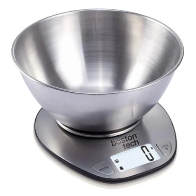 Immagine di Boston Tech Bilancia da Cucina Digitale con Ciotola Rimovibile. Acciaio Inossidabile, Alta Precisione, Impermeabile, Capacità 5kg, Display LCD, Funzione Tara, Ricettario Incluso