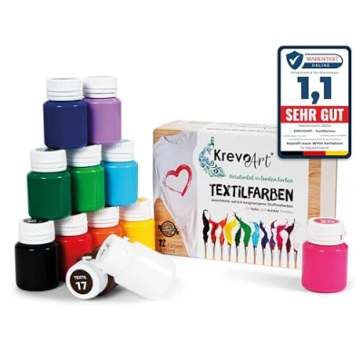 Immagine di Krevo Art colori per tessuti permanenti, stoffa, tempere professionali, set di 12 x 20ml