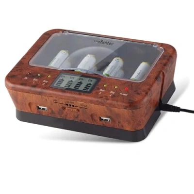 Immagine di Caricatore per pile ricaricabili AA/LR6, AAA/LR3, C/LR14, D/LR20, 9V, NiCd e NiMh + ALKALINE Schermo LCD Indicatore di carica universale capacità 4 2 porte USB Olmo Legno