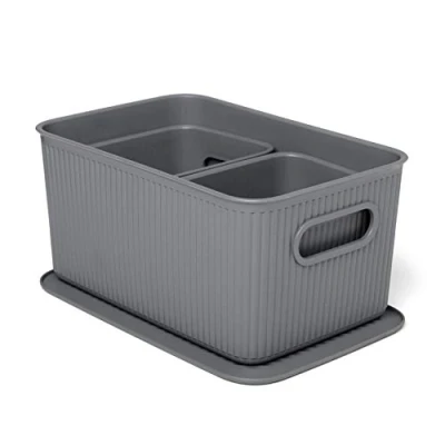 Immagine di TATAY Set di 3 Cestino Portaoggetti Baobab (1 x 5L, 2 1,5L) e Coperchio in Polipropilene, Senza BPA, Grigio