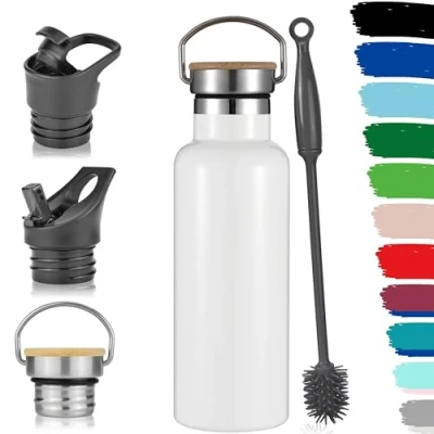 Immagine di Milu borraccia in acciaio inox, 350 ml, 500 750 1000 ml (+3 coperchio), thermos con cannuccia, isolata, a prova di perdite, doppia parete (Bianco, ml)