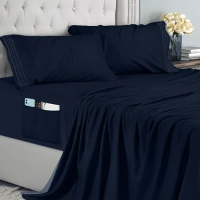 Immagine di Utopia Bedding Set Lenzuola Ricamate 4 Pezzi 180x200 Microfibra Di Poliestere Lenzuolo Con Angoli Tasche Portaoggetti, Piatto e 2 Federe (Super King/Matrimoniale, Blu Navy)