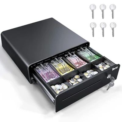 Immagine di Tera Cassetto per cassa da 13 pollici: apertura automatica con 6 chiavi, design pesante, 4 scomparti banconote, scomparto multimediale 24 V RJ12, serratura a chiave POS