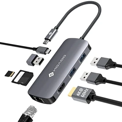 Immagine di NOVOO Hub USB C 8 in 1 Adattatore a HDMI 4K 60Hz, 3.0 x 3, Gigabit Ethernet, Type PD 100W Ricarica, SD &amp; Micro SD, Dock per Macbook Air Pro